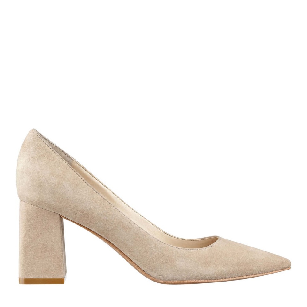 Marc Fisher Suede Pointed Toe Block Heel Pumps in Beige